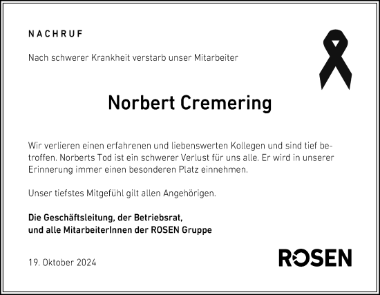 Traueranzeige von Norbert Cremering von Neue Osnabrücker Zeitung GmbH & Co. KG