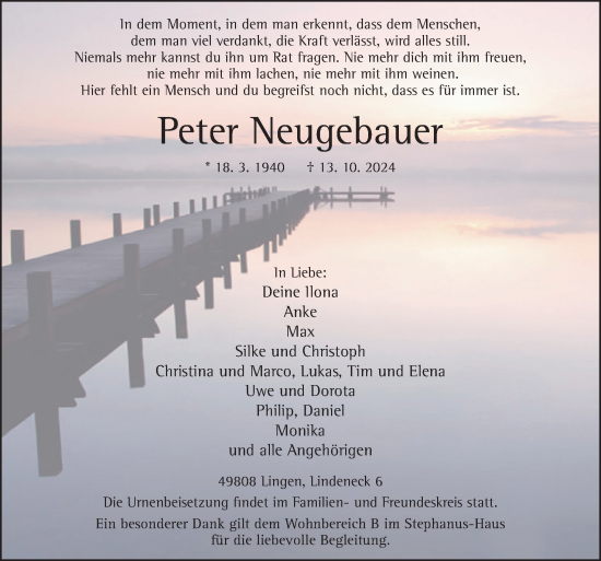 Traueranzeige von Peter Neugebauer von Neue Osnabrücker Zeitung GmbH & Co. KG