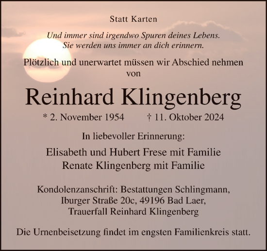 Traueranzeige von Reinhard Klingenberg von Neue Osnabrücker Zeitung GmbH & Co. KG