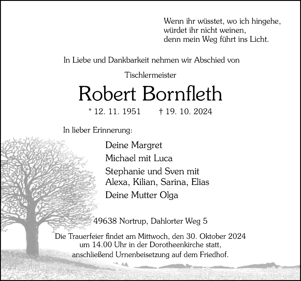  Traueranzeige für Robert Bornfleth vom 24.10.2024 aus Neue Osnabrücker Zeitung GmbH & Co. KG