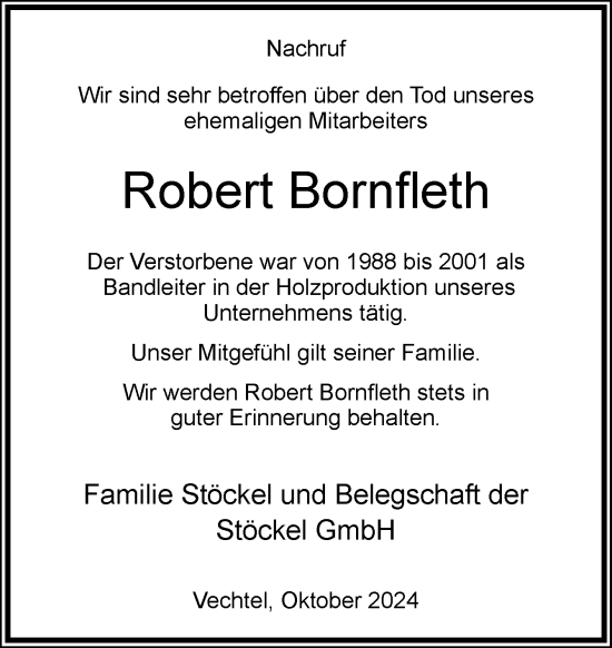 Traueranzeige von Robert Bornfleth von Neue Osnabrücker Zeitung GmbH & Co. KG