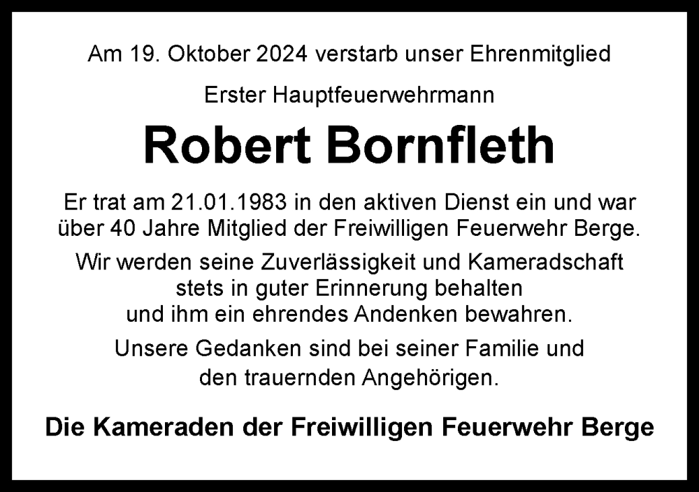  Traueranzeige für Robert Bornfleth vom 25.10.2024 aus Neue Osnabrücker Zeitung GmbH & Co. KG