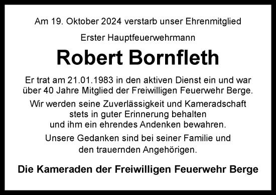 Traueranzeige von Robert Bornfleth von Neue Osnabrücker Zeitung GmbH & Co. KG