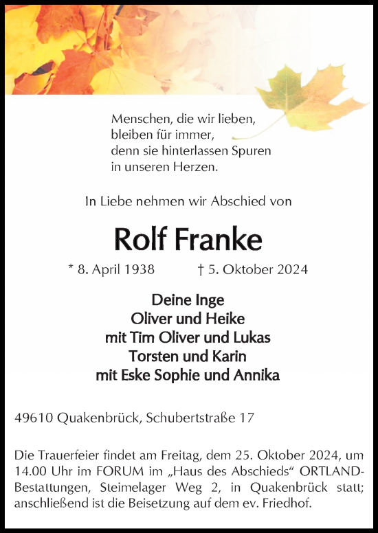 Traueranzeige von Rolf Franke von Neue Osnabrücker Zeitung GmbH & Co. KG