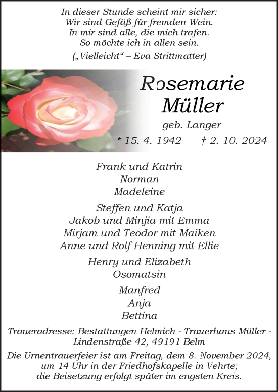 Traueranzeige von Rosemarie Müller von Neue Osnabrücker Zeitung GmbH & Co. KG