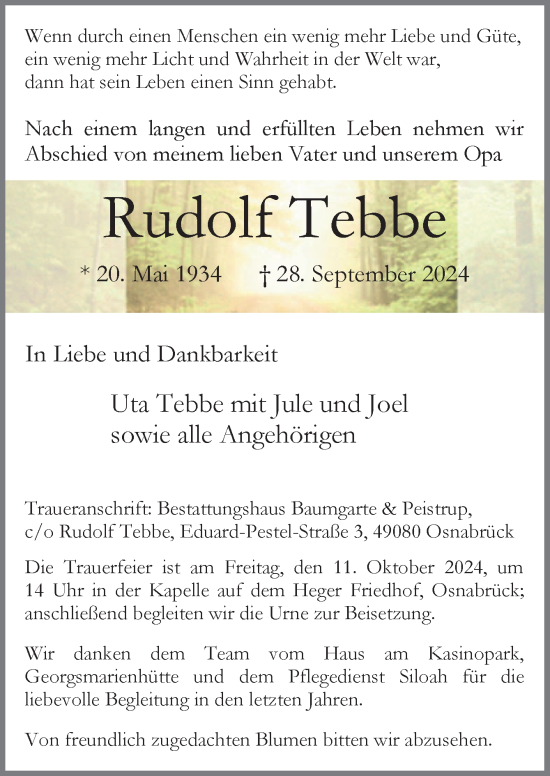 Traueranzeige von Rudolf Tebbe von Neue Osnabrücker Zeitung GmbH & Co. KG