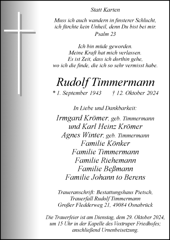 Traueranzeige von Rudolf Timmermann von Neue Osnabrücker Zeitung GmbH & Co. KG