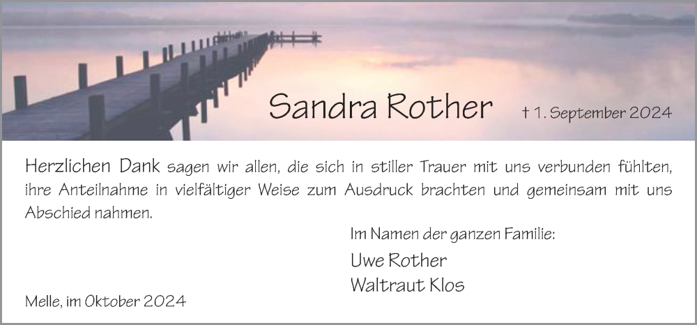  Traueranzeige für Sandra Rother vom 26.10.2024 aus Neue Osnabrücker Zeitung GmbH & Co. KG