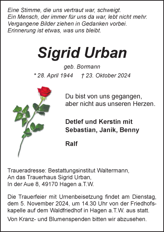 Traueranzeige von Sigrid Urban von Neue Osnabrücker Zeitung GmbH & Co. KG