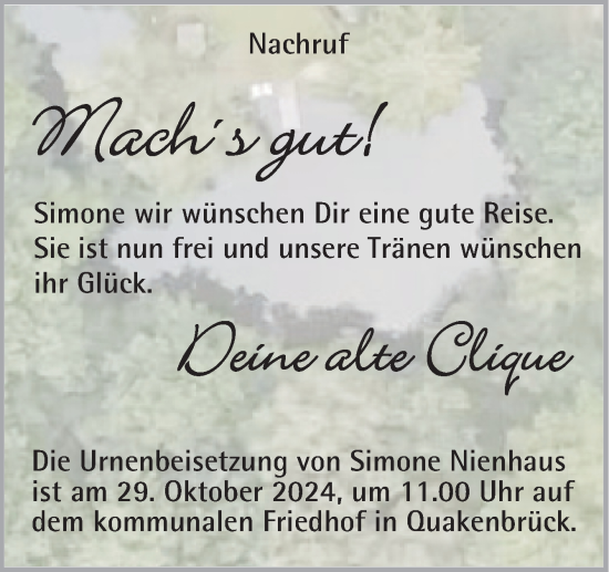 Traueranzeige von Simone  von Neue Osnabrücker Zeitung GmbH & Co. KG