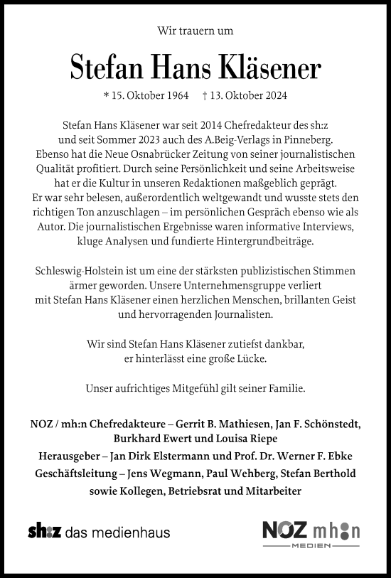 Traueranzeige von Stefan Hans Kläsener von Neue Osnabrücker Zeitung GmbH & Co. KG