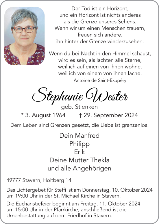 Traueranzeige von Stephanie Wester von Neue Osnabrücker Zeitung GmbH & Co. KG