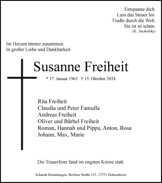 Traueranzeige von Susanne Freiheit von DK Medien GmbH & Co. KG