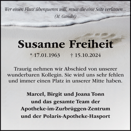 Traueranzeige von Susanne Freiheit von DK Medien GmbH & Co. KG