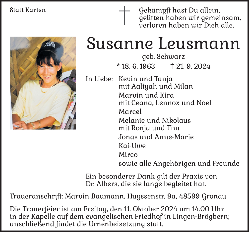  Traueranzeige für Susanne Leusmann vom 05.10.2024 aus Neue Osnabrücker Zeitung GmbH & Co. KG