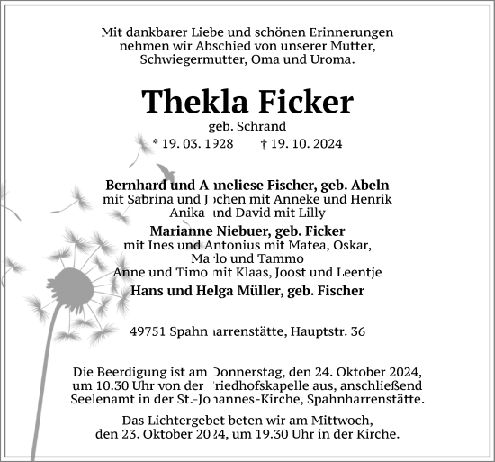 Traueranzeige von Thekla Ficker von Neue Osnabrücker Zeitung GmbH &amp; Co. KG