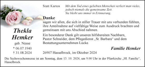 Traueranzeige von Thekla Hemker von Neue Osnabrücker Zeitung GmbH & Co. KG