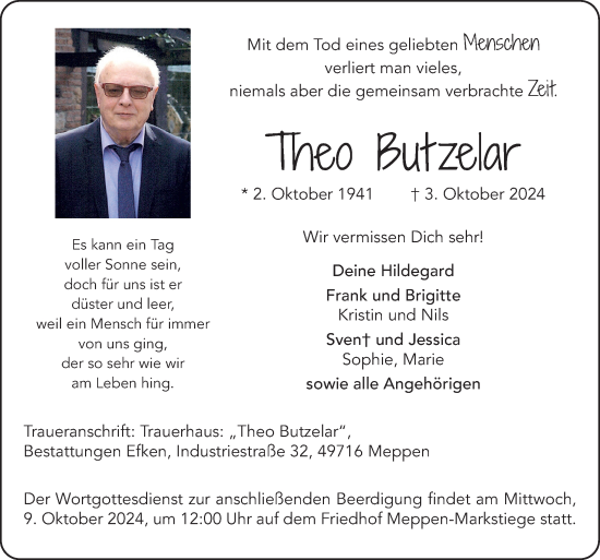 Traueranzeige von Theo Butzelar von Neue Osnabrücker Zeitung GmbH & Co. KG