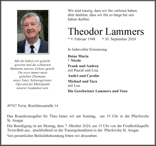 Traueranzeige von Theodor Lammers von Neue Osnabrücker Zeitung GmbH & Co. KG