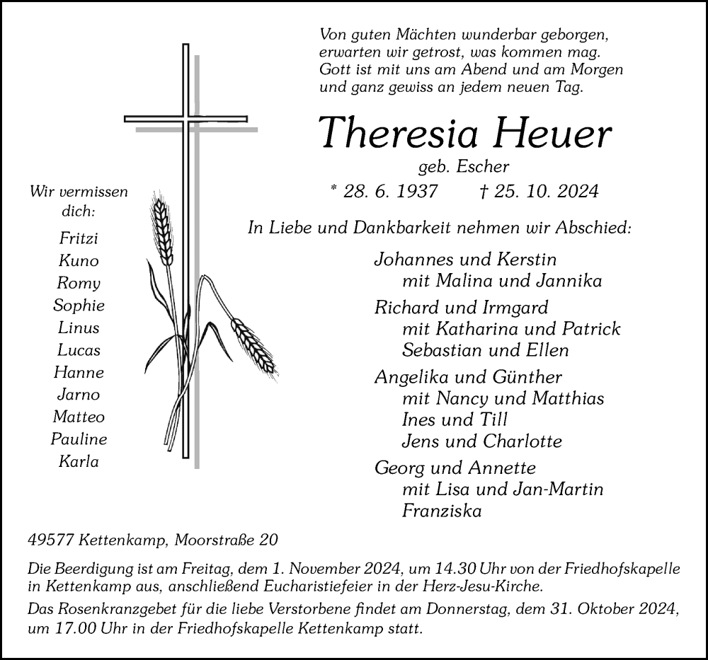  Traueranzeige für Theresia Heuer vom 28.10.2024 aus Neue Osnabrücker Zeitung GmbH & Co. KG