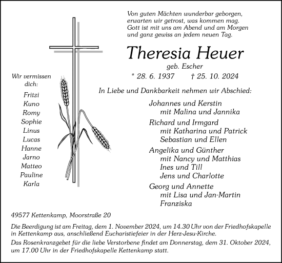 Traueranzeige von Theresia Heuer von Neue Osnabrücker Zeitung GmbH &amp; Co. KG