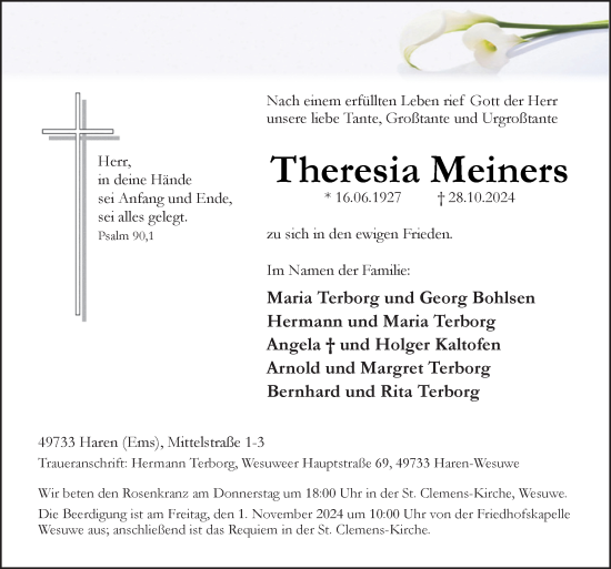 Traueranzeige von Theresia Meiners von Neue Osnabrücker Zeitung GmbH & Co. KG