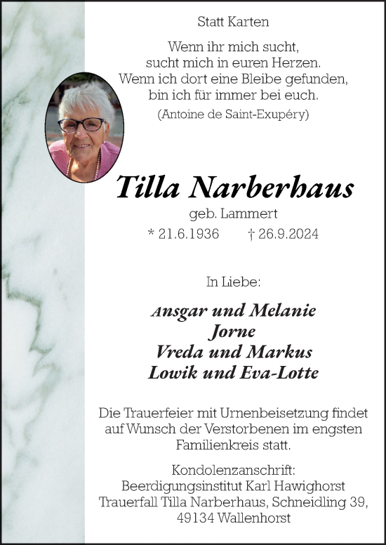 Traueranzeige von Tilla Narberhaus von Neue Osnabrücker Zeitung GmbH & Co. KG