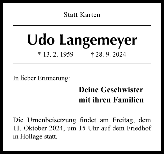 Traueranzeige von Udo Langemeyer von Neue Osnabrücker Zeitung GmbH & Co. KG