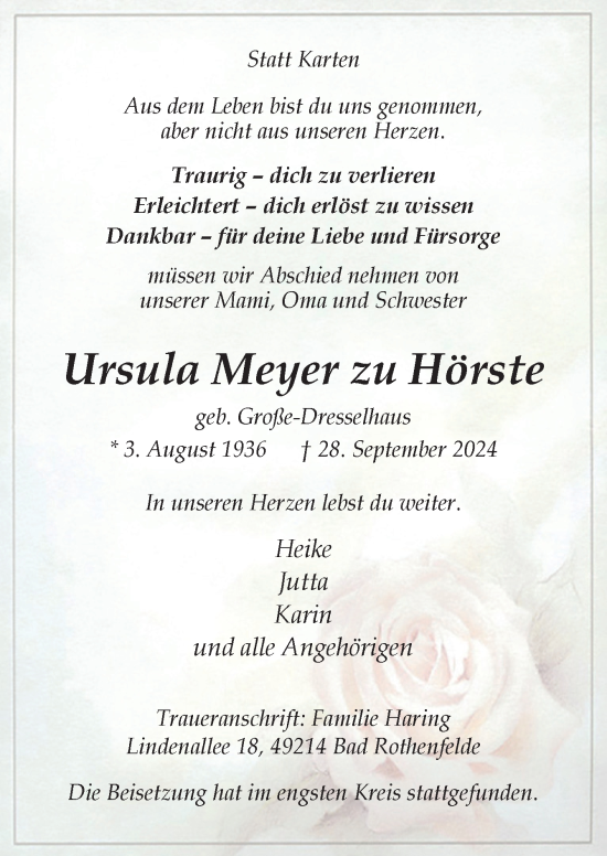 Traueranzeige von Ursula Meyer zu Hörste von Neue Osnabrücker Zeitung GmbH & Co. KG