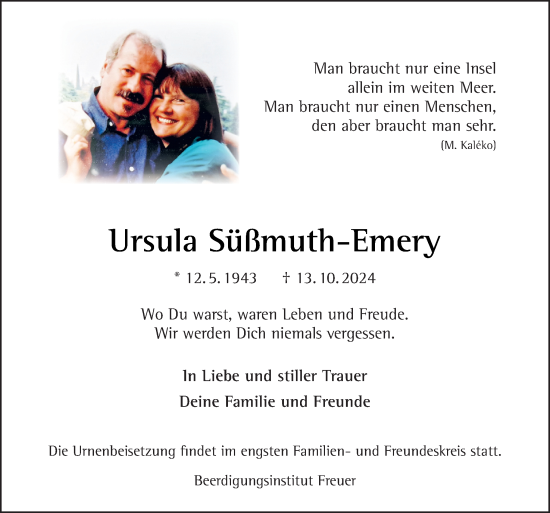 Traueranzeige von Ursula Süßmuth-Emery von DK Medien GmbH & Co. KG