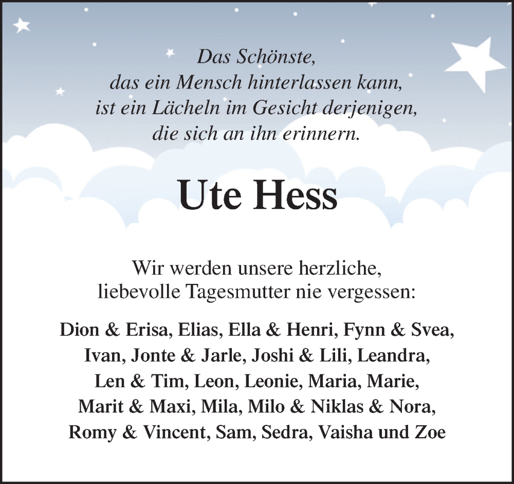  Traueranzeige für Ute Hess vom 12.10.2024 aus DK Medien GmbH & Co. KG