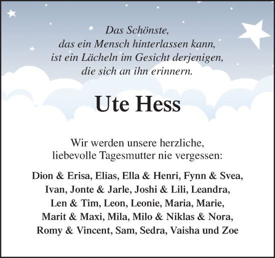 Traueranzeige von Ute Hess von DK Medien GmbH & Co. KG
