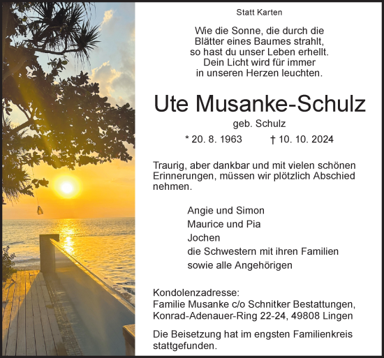 Traueranzeige von Ute Musanke-Schulz von Neue Osnabrücker Zeitung GmbH & Co. KG