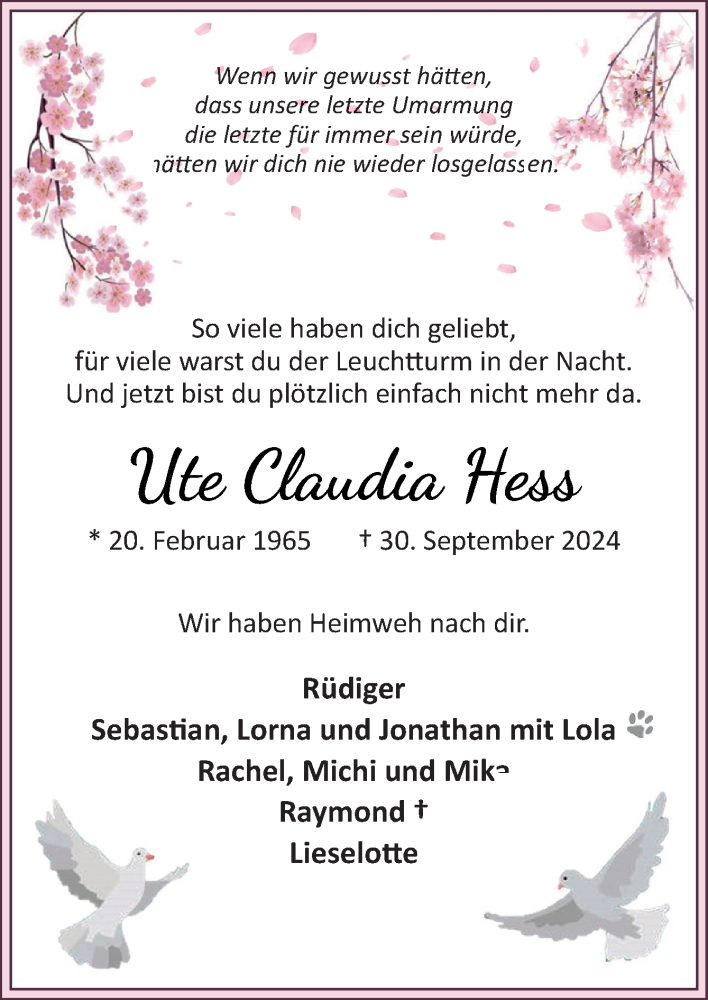  Traueranzeige für Ute Claudia Hess vom 12.10.2024 aus DK Medien GmbH & Co. KG