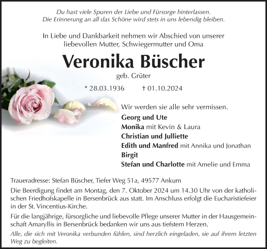 Traueranzeige von Veronika Büscher von Neue Osnabrücker Zeitung GmbH & Co. KG