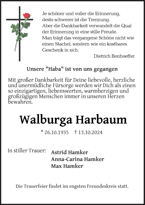 Traueranzeige von Walburga Harbaum von Neue Osnabrücker Zeitung GmbH & Co. KG