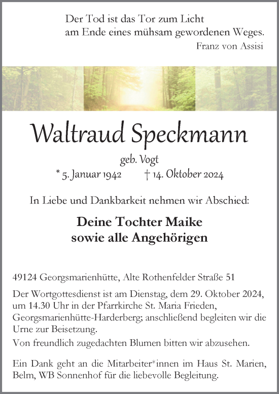 Traueranzeige von Waltraud Speckmann von Neue Osnabrücker Zeitung GmbH & Co. KG