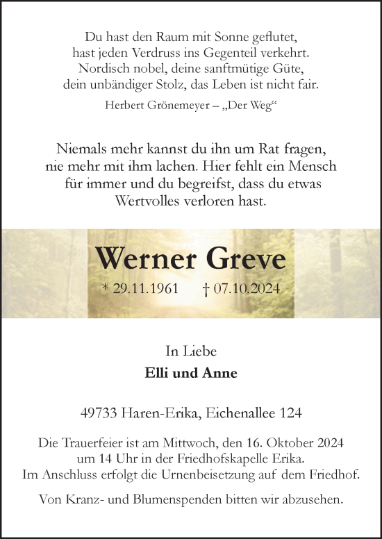 Traueranzeige von Werner Greve von Neue Osnabrücker Zeitung GmbH & Co. KG