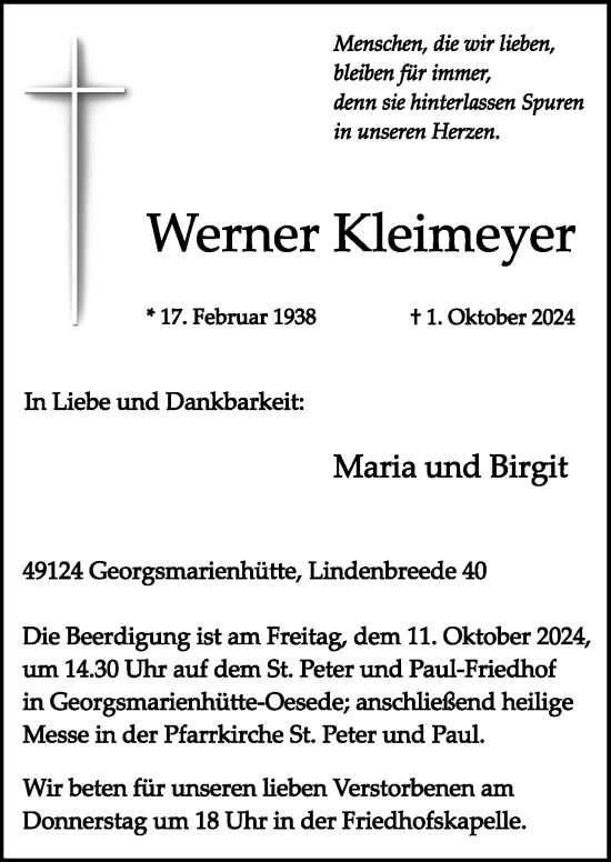 Traueranzeige von Werner Kleimeyer von Neue Osnabrücker Zeitung GmbH & Co. KG