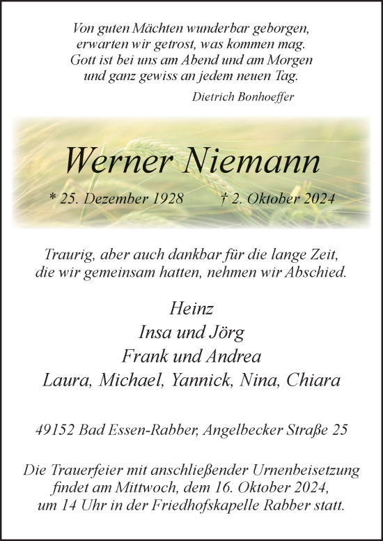 Traueranzeige von Werner Niemann von Neue Osnabrücker Zeitung GmbH & Co. KG