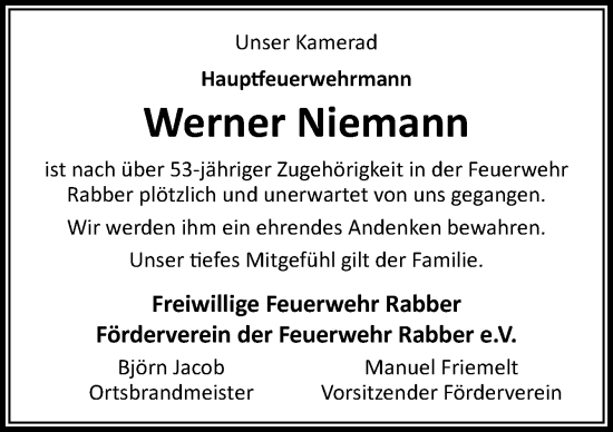 Traueranzeige von Werner Niemann von Neue Osnabrücker Zeitung GmbH & Co. KG