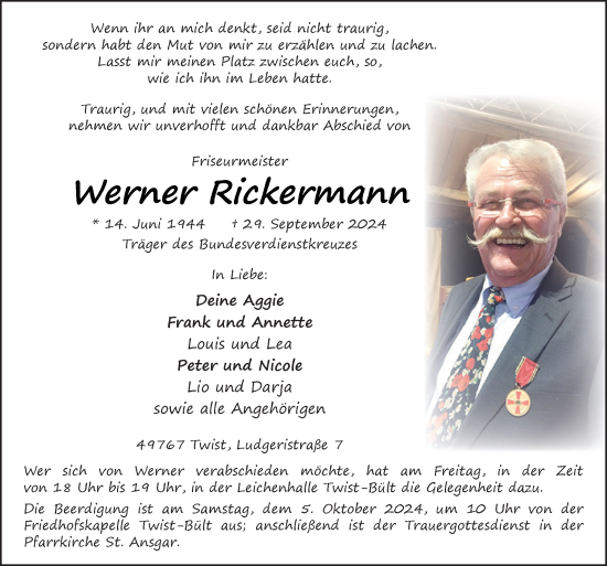 Traueranzeige von Werner Rickermann von Neue Osnabrücker Zeitung GmbH & Co. KG