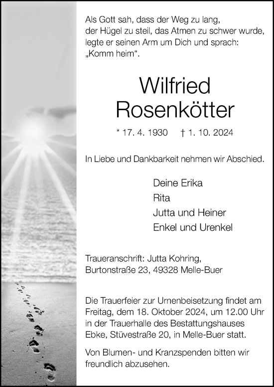 Traueranzeige von Wilfried Rosenkötter von Neue Osnabrücker Zeitung GmbH & Co. KG