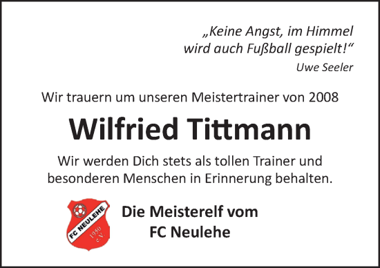 Traueranzeige von Wilfried Tittmann von Neue Osnabrücker Zeitung GmbH & Co. KG