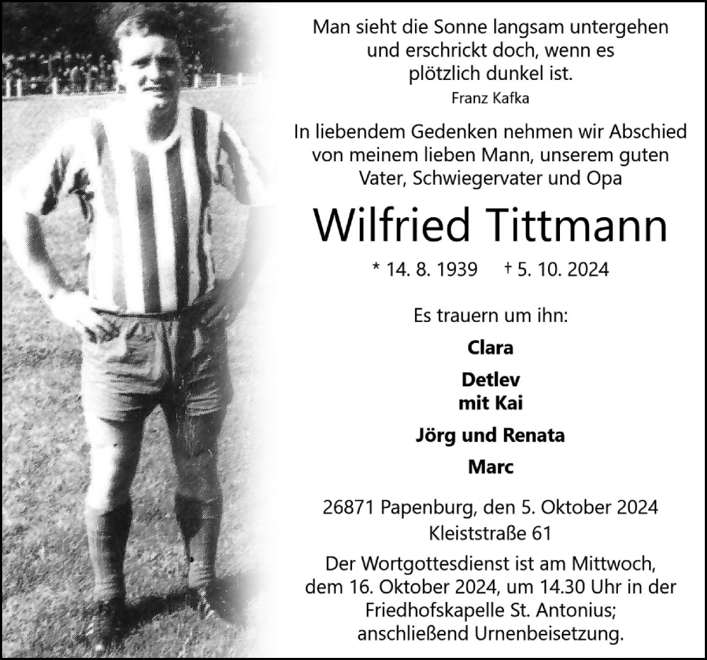  Traueranzeige für Wilfried Tittmann vom 12.10.2024 aus Neue Osnabrücker Zeitung GmbH & Co. KG