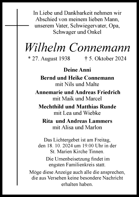 Traueranzeige von Wilhelm Connemann von Neue Osnabrücker Zeitung GmbH & Co. KG