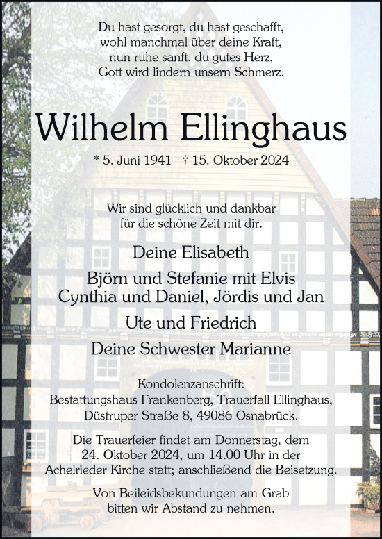 Traueranzeige von Wilhelm Ellinghaus von Neue Osnabrücker Zeitung GmbH & Co. KG