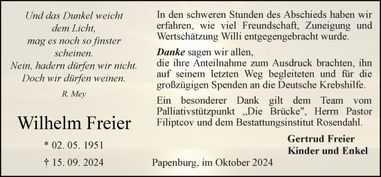 Traueranzeige von Wilhelm Freier von Neue Osnabrücker Zeitung GmbH & Co. KG