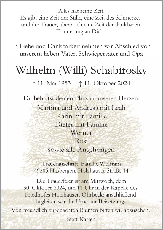 Traueranzeige von Wilhelm Schabirosky von Neue Osnabrücker Zeitung GmbH & Co. KG