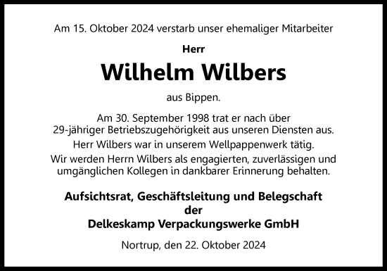 Traueranzeige von Wilhelm Wilbers von Neue Osnabrücker Zeitung GmbH & Co. KG